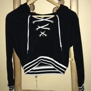 Black velvet cropped hoodie with crosses on front